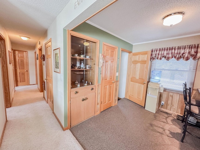 interior space with a textured ceiling, crown molding, and light carpet