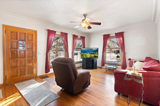 living room featuring ceiling fan, ornamental molding, a textured ceiling, and wood-type flooring