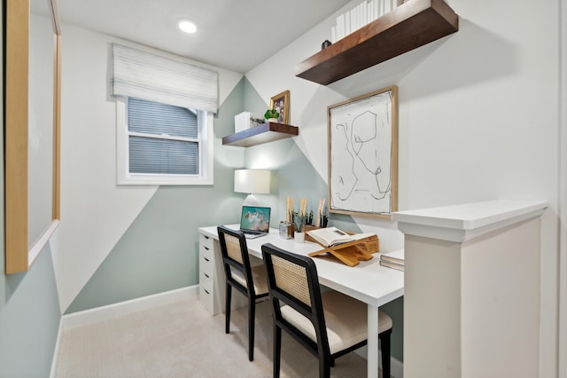 home office with light colored carpet