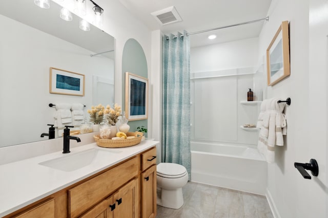 full bathroom with toilet, shower / bathtub combination with curtain, and vanity