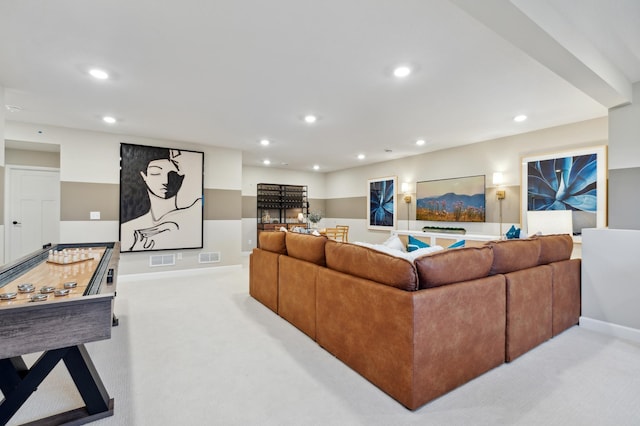 living room with light colored carpet