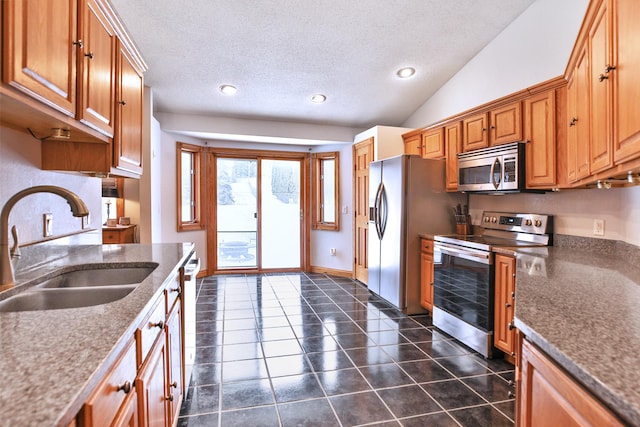 kitchen with a textured ceiling, lofted ceiling, sink, and appliances with stainless steel finishes