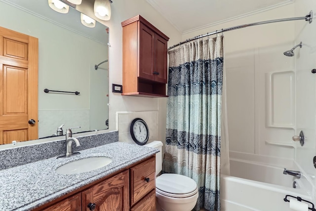 full bathroom featuring shower / bath combo with shower curtain, vanity, toilet, and ornamental molding