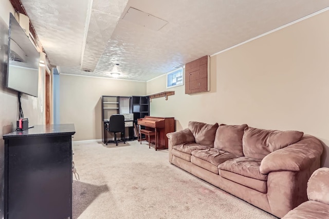 living room featuring carpet flooring and a textured ceiling