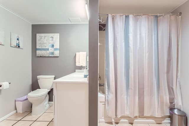 full bathroom featuring tile patterned floors, toilet, shower / tub combo with curtain, vanity, and ornamental molding