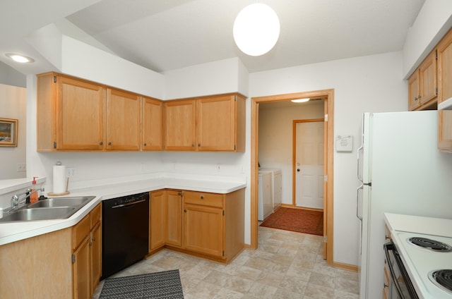 kitchen featuring washer and dryer, black dishwasher, electric stove, and sink