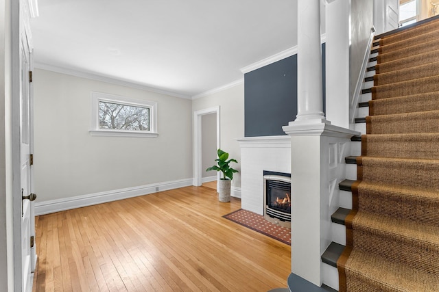 unfurnished living room with crown molding and wood-type flooring