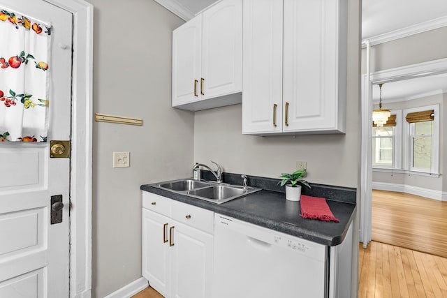 kitchen featuring dishwasher, white cabinetry, sink, light wood-type flooring, and ornamental molding