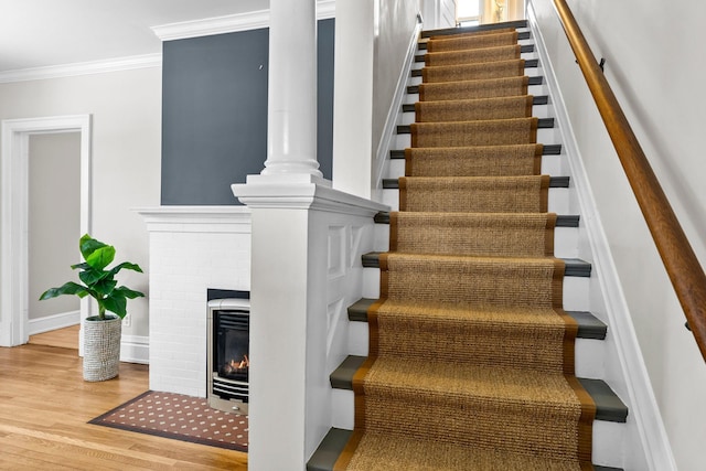 stairway with crown molding and hardwood / wood-style floors