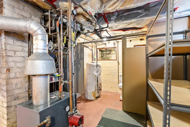 basement with brick wall and water heater