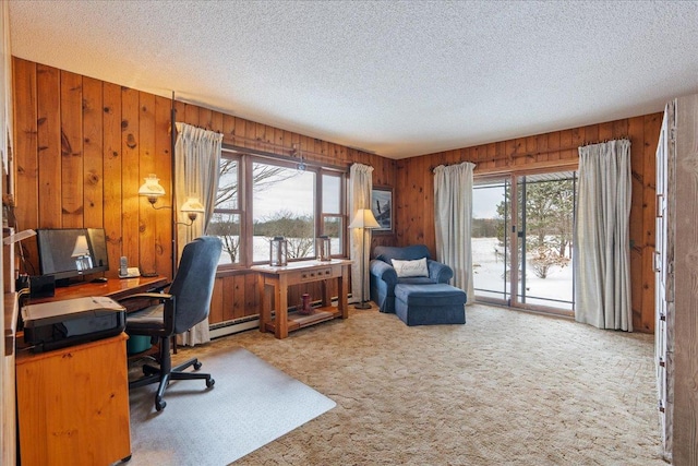 carpeted office space with a healthy amount of sunlight, wooden walls, and a textured ceiling