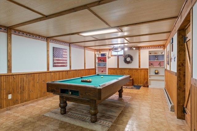 playroom with a baseboard heating unit, pool table, and wood walls