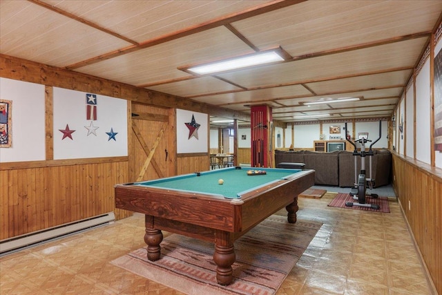 recreation room with a baseboard radiator, pool table, and wooden walls