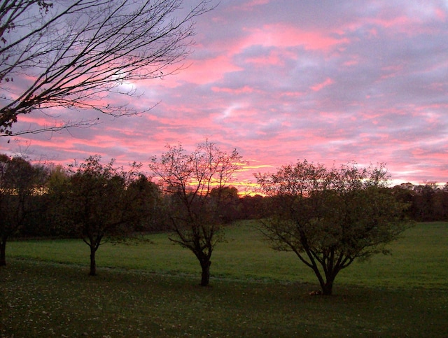 yard at dusk featuring a rural view