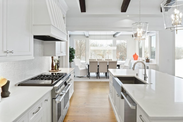 kitchen featuring beamed ceiling, sink, white cabinets, and stainless steel appliances