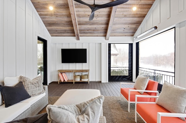 interior space featuring vaulted ceiling with beams, ceiling fan, and wood ceiling