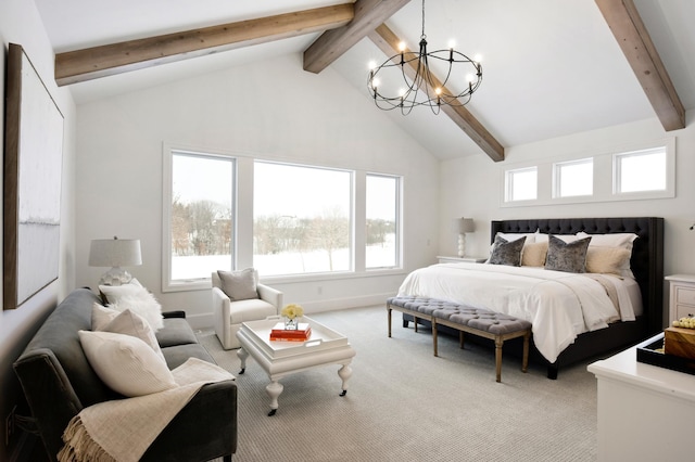 carpeted bedroom featuring a chandelier and lofted ceiling with beams