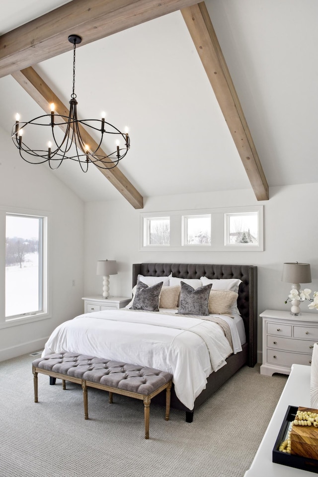 carpeted bedroom featuring a chandelier and lofted ceiling with beams