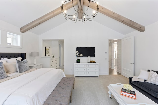 carpeted bedroom with beamed ceiling, a notable chandelier, and high vaulted ceiling