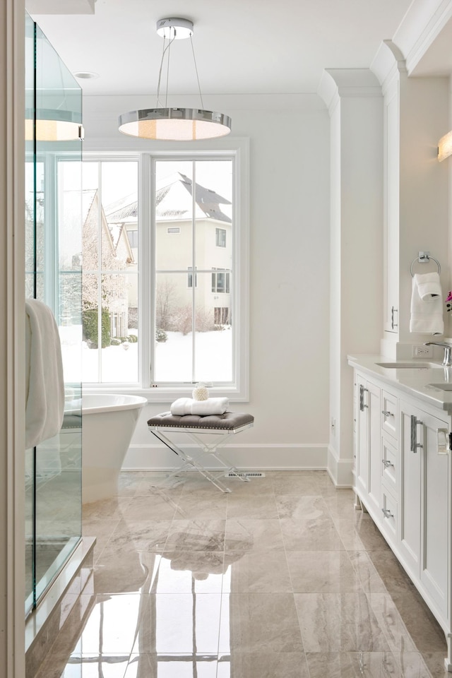 bathroom with vanity, ornamental molding, and a washtub