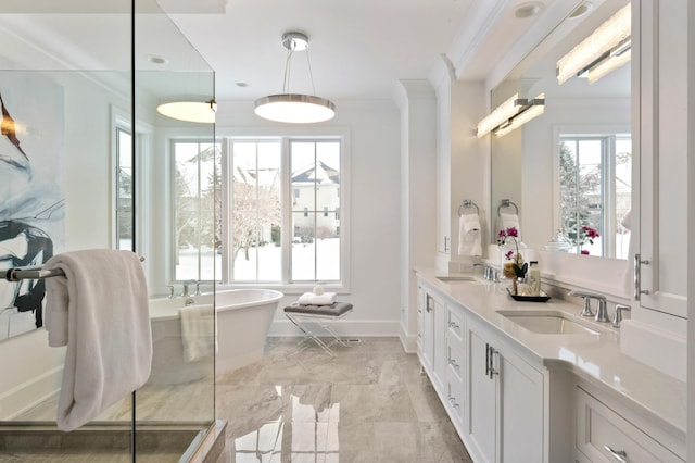 bathroom featuring a washtub, vanity, and ornamental molding