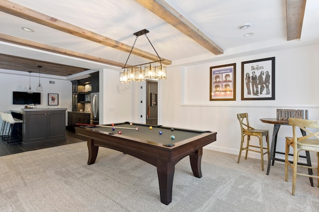 playroom featuring beam ceiling, dark carpet, and pool table