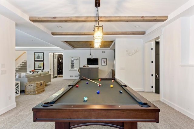 playroom with beamed ceiling, light colored carpet, and pool table