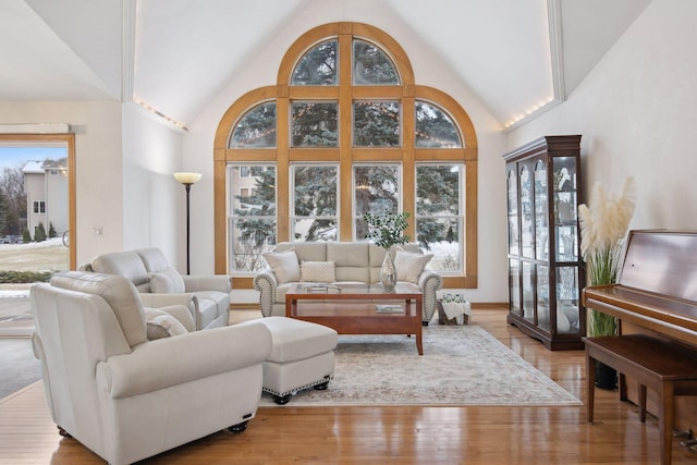 living room featuring light hardwood / wood-style flooring and high vaulted ceiling