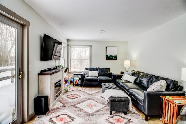 living area with a glass covered fireplace and wood finished floors