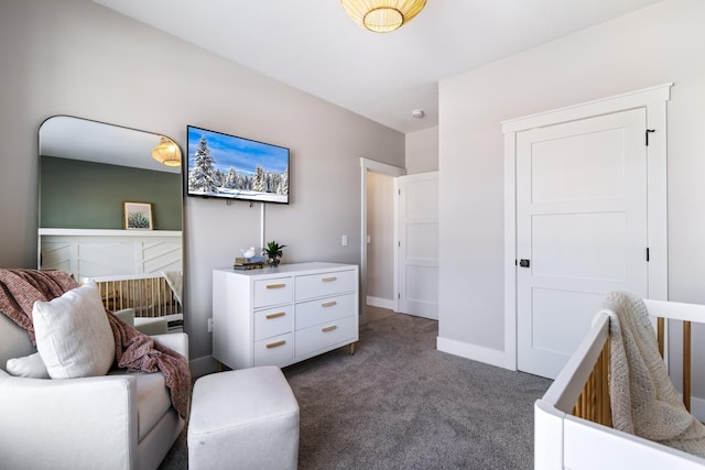 living area with dark colored carpet