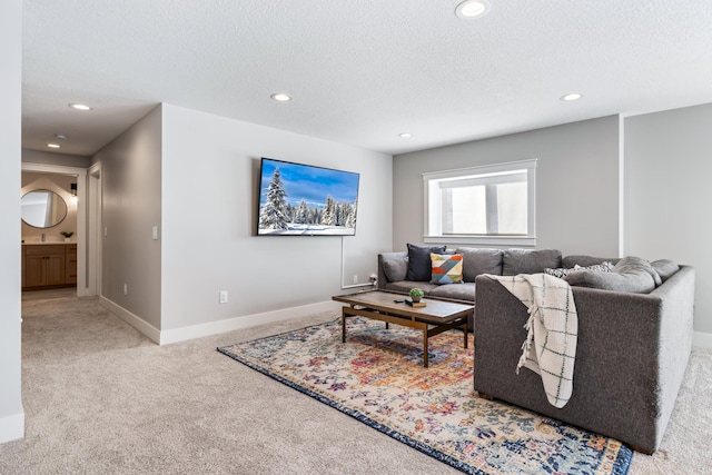 living room featuring carpet floors and a textured ceiling