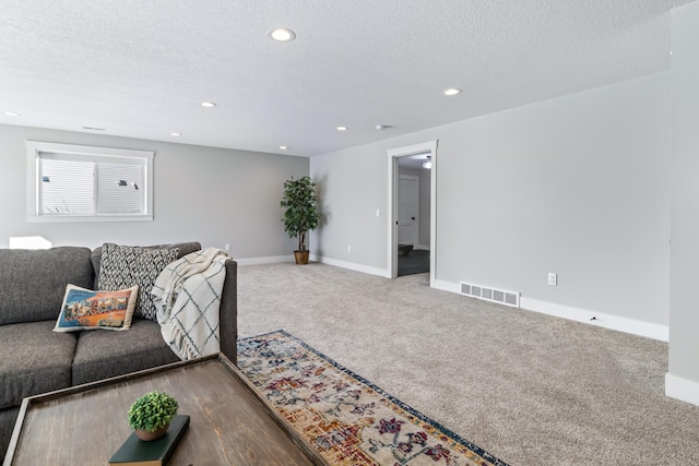 carpeted living room with a textured ceiling