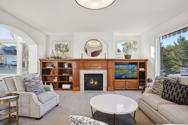 living room with light colored carpet