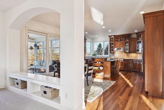 interior space featuring dark hardwood / wood-style floors, kitchen peninsula, and tasteful backsplash