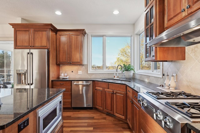 kitchen with a wealth of natural light, dark hardwood / wood-style flooring, stainless steel appliances, and dark stone counters