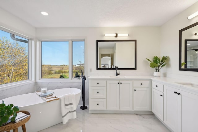 bathroom with vanity and a bath