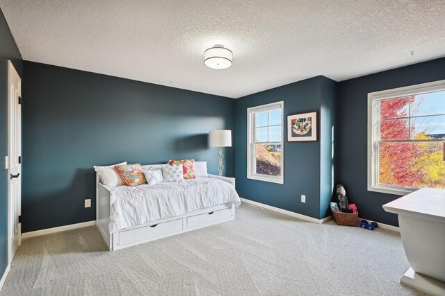 carpeted bedroom with a textured ceiling