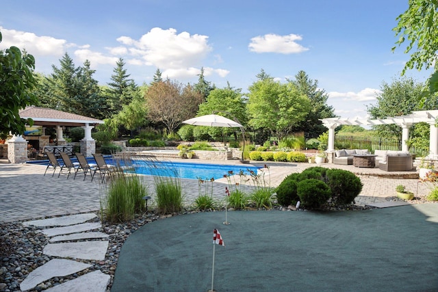 view of swimming pool featuring a pergola, a bar, a gazebo, an outdoor living space, and a patio