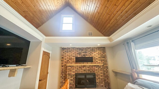 living area featuring visible vents, high vaulted ceiling, wooden ceiling, and a fireplace