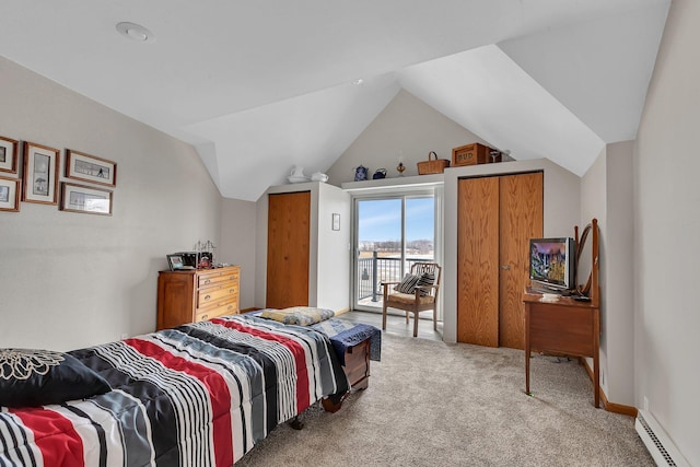 bedroom with light carpet, access to exterior, a baseboard radiator, and lofted ceiling