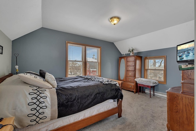 carpeted bedroom featuring lofted ceiling and a baseboard radiator