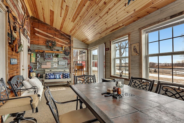 dining space featuring lofted ceiling, wood ceiling, and wooden walls