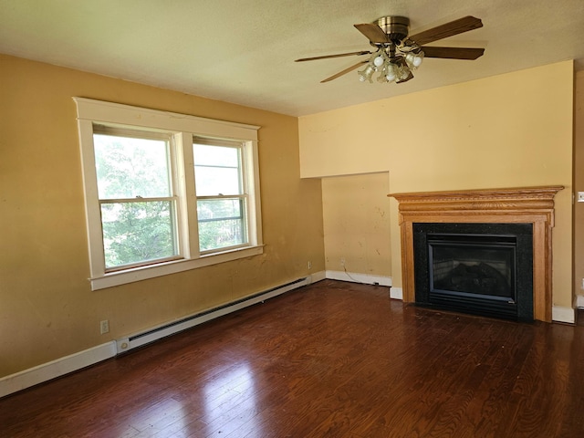 unfurnished living room featuring dark hardwood / wood-style floors, ceiling fan, and a baseboard heating unit