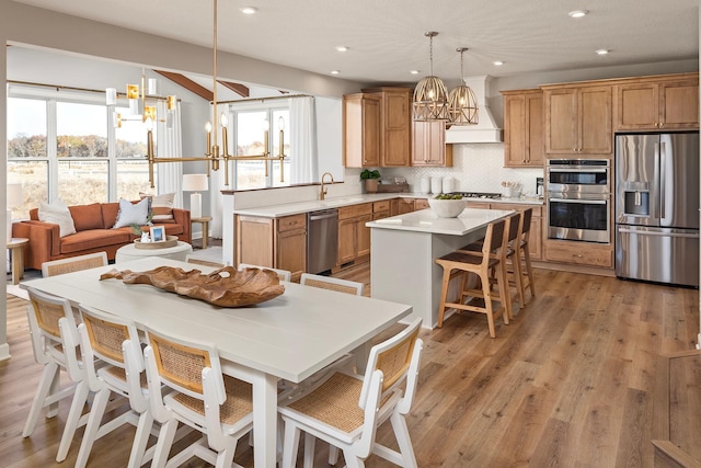 kitchen featuring decorative light fixtures, backsplash, a kitchen island, custom exhaust hood, and appliances with stainless steel finishes