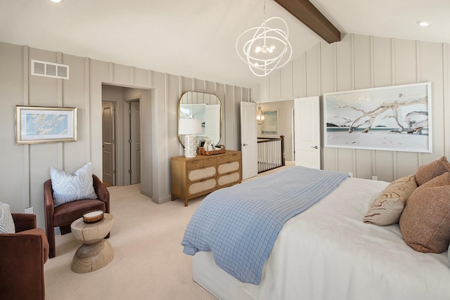 bedroom with light carpet, a chandelier, and vaulted ceiling with beams