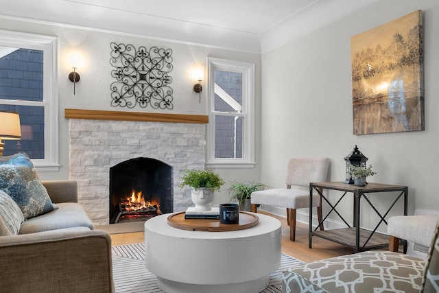 living room featuring a fireplace, crown molding, and hardwood / wood-style flooring