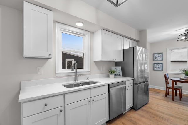 kitchen with sink, white cabinetry, appliances with stainless steel finishes, and light hardwood / wood-style flooring