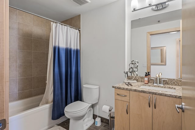 full bathroom with toilet, vanity, and shower / bathtub combination with curtain