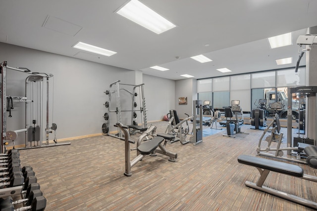 workout area featuring expansive windows and light colored carpet