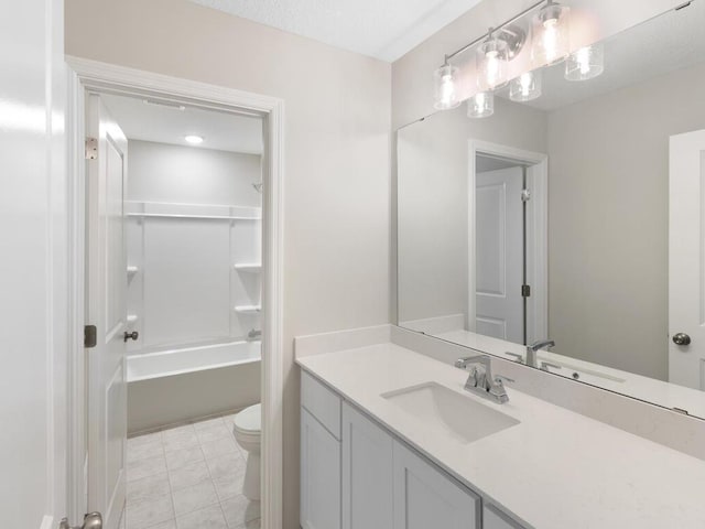 full bathroom with a textured ceiling, shower / bathing tub combination, tile patterned flooring, vanity, and toilet